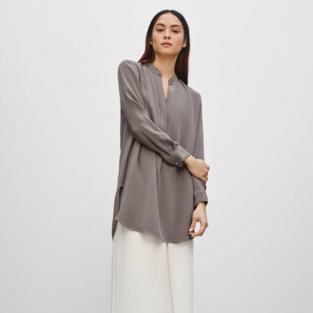 Aritzia Taupe Long-Sleeve Silk Tunic
